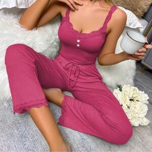 SHEIN Rose Pink Lace Trim 3 Piece Pajama Set